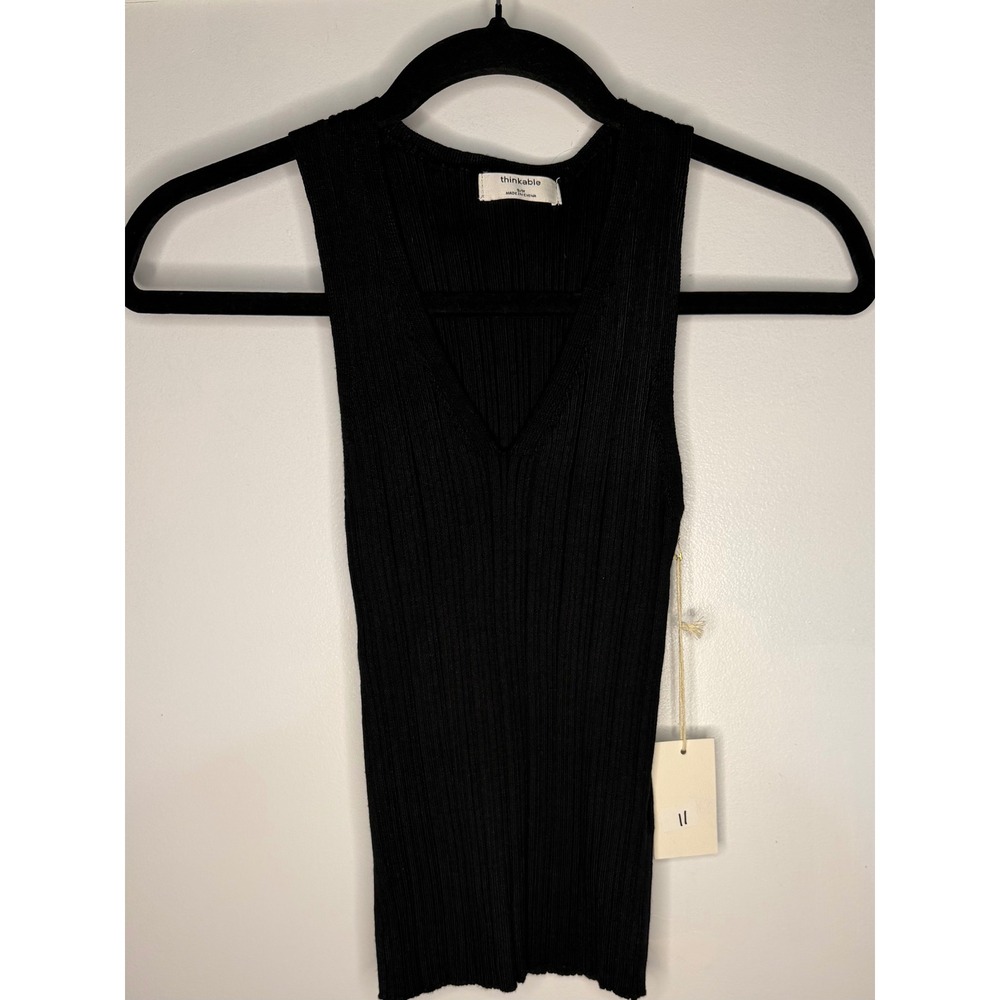 Thinkable Black Ribbed Knit V-Neck Tank Top Sleeveless Shirt Womens Size S/M NWT